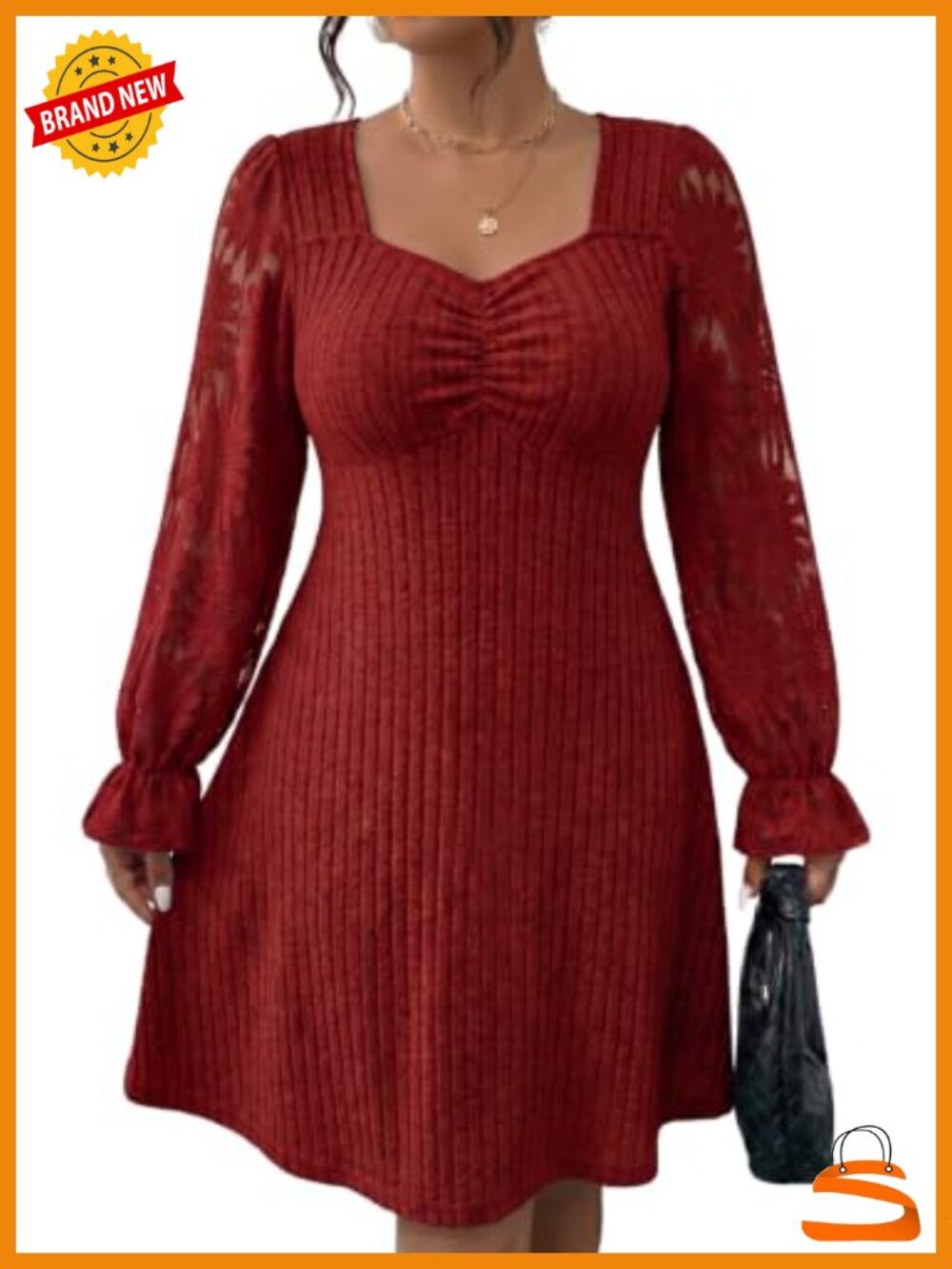 Plus Size Ribbed Knit Mini Sweater Dress Long Mesh Lace Sleeve